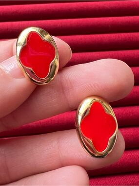Gold-Tone Red Enamel Oval Clip On Earrings